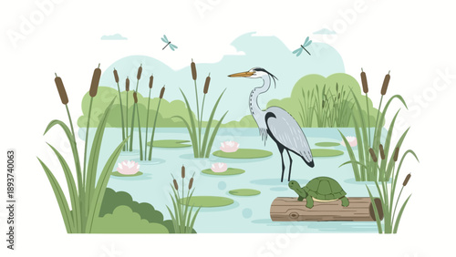 White Heron Standing on Log in Water.