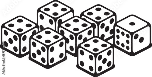 Seven black and white gaming cubes with white dots are scattered loosely in a small group displaying various spot combinations for chance.