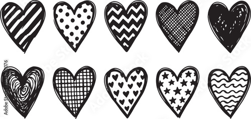 Patterned heart icons set with stripes dots zig zag stars and grids vector illustration for decorative love symbols and valentines day design elements