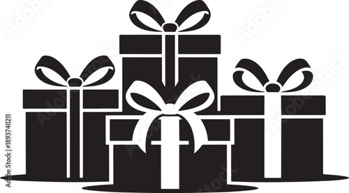Three prominent gift boxes with tied bows are grouped centrally, creating a focal point with varying heights and layered placements for emphasis.