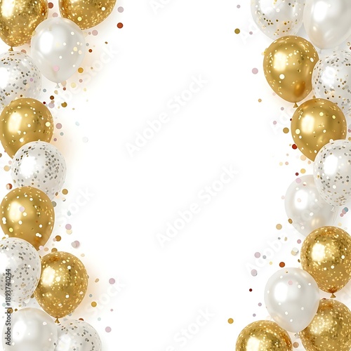 Golden and white balloons with confetti border design