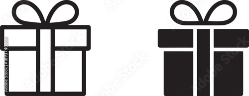 Gift box icons are presented side-by-side, one featuring a clean outline design and the other a bold solid black fill, both meticulously adorned with a classic bow for graphic applications.