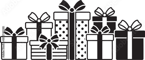 Assorted pile of wrapped presents with bows stacked closely together, featuring varied sizes and patterned surfaces for celebration themes.