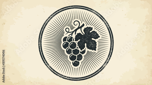 Vintage Grapes and Leaf Stamp Logo. Retro Winery Badge Emblem with Sunburst and Grunge Texture on Aged Paper Background.