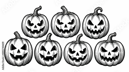 Halloween Jack-O'-Lantern Pumpkins Row Engraving. Vintage Black and White Woodcut Illustration of Spooky Carved Gourd Faces.
