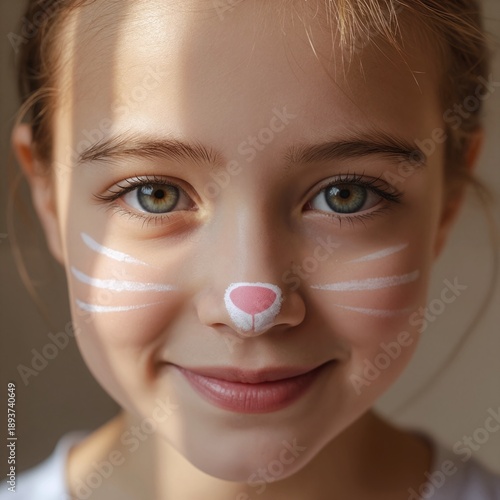 Child with cat face paint has white whiskers and pink nose. Her bright eyes and cheerful smile with cat face paint exude joy in sunlight.