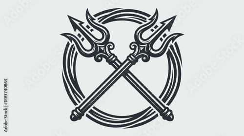 Vintage Crossed Tridents Emblem. Shiva Trishula or Poseidon Symbol Logo. Black and White Heraldic Design.