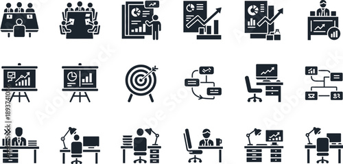 Business Meeting and Office Work Solid Icon Set Featuring Team Collaboration, Presentations, Strategy Planning, Performance Analysis, and Corporate Workspace Activities