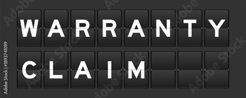 Black color analog flip board with word warranty claim on gray background