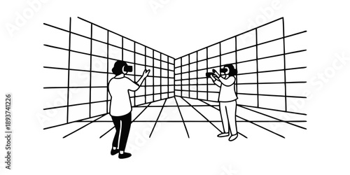 Virtual Reality Gaming Environment with Immersive Neon Grids and Advanced VR Technology