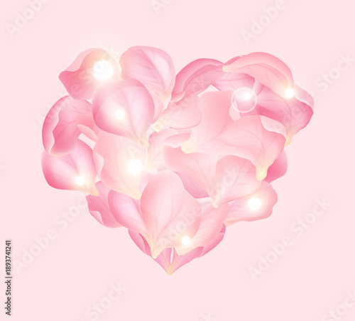 Volumetric heart made of pink rose petals with soft light. Perfect for love concepts, wedding cards and romantic designs