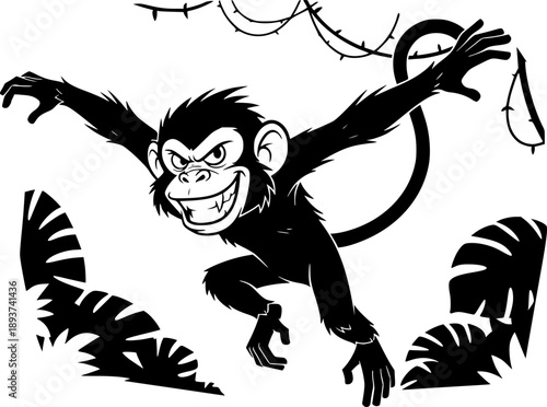 Playful monkey line art featuring cheerful smile and cute primate pose for childlike fun and jungle wildlife – Black Vector Illustration
