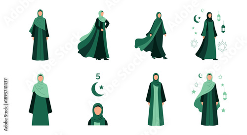 Muslim Woman Hijab Illustration Vector, Modest Fashion Abaya Style, Modern Islamic Lifestyle Graphic, Muslim Female Flat Design, Ramadan Eid Fashion Visual