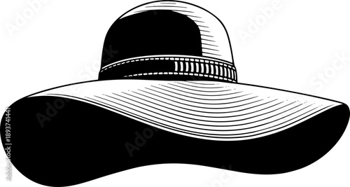 Sun hat silhouette for summer beach fashion and feminine vacation headwear accessory – Black and White Vector Illustration
