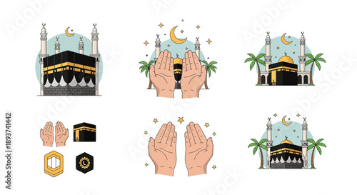 Islamic Prayer Kaaba Illustration Vector, Dua Hands in Front of Kaaba, Muslim Spiritual Worship Concept, Hajj Umrah Prayer Symbol, Religious Faith Flat Design