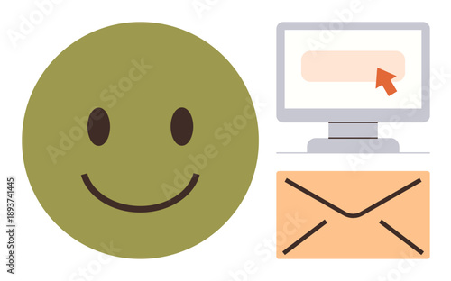 Digital communication, email services, user interface, online messaging, positive sentiment, work productivity. happy face, monitor and envelope icon communication and positivity. Digital