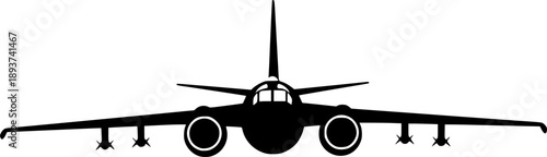 Military bomber aircraft silhouette with aerodynamic wings and jet engine for aviation defense and tactical flight – Black and White Vector Illustration
