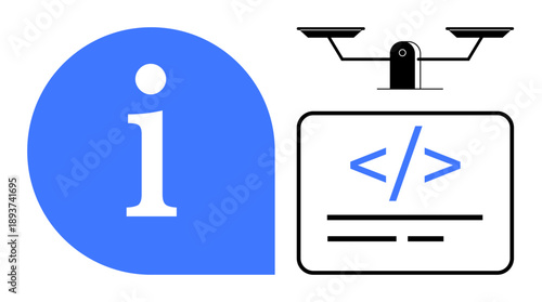 quadcopter delivery, software programming, AI systems, web development, data integration, advanced logistics. Quadcopter with coding symbol and information icon. Drone delivery and software