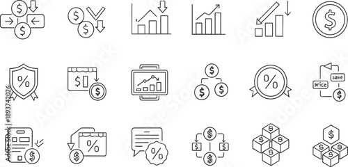 Financial Growth and Savings Line Icon Set Featuring Revenue Charts, Profit Increase, Discounts, Investments, and Money Management Symbols for Business Analytics