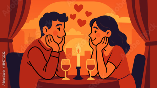 Romantic couple having candlelight dinner on Valentine’s Day illustration