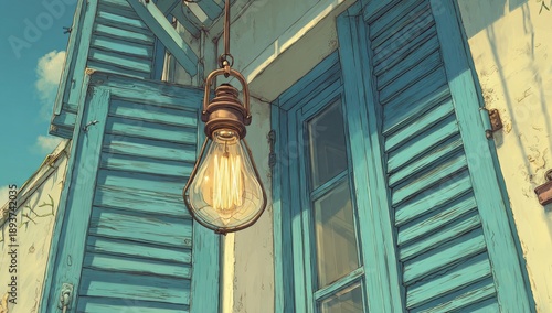 Antique bulb hangs outside weathered blue-shuttered window