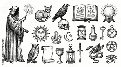 Vintage Magic and Occult Engraving Set: Wizard, Witchcraft Symbols, Skull, Raven, Crystal Ball, and Alchemic Elements