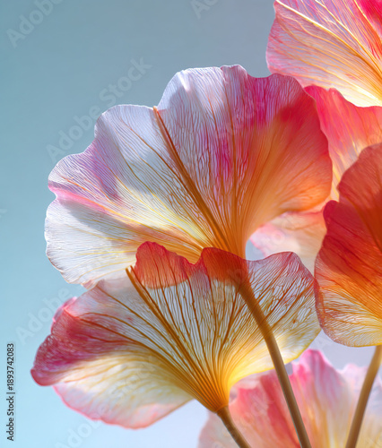 Macro background with delicate translucent pink petals, backlit glowing