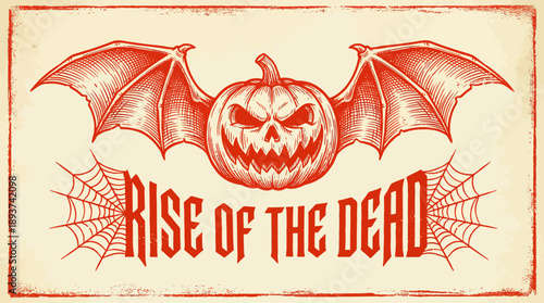 Vintage Halloween Graphic: Rise of the Dead Jack-o'-Lantern with Bat Wings, Engraving Style Poster