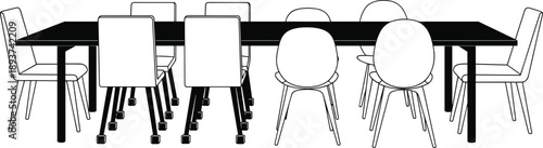 Black and white illustration of a dining table with chairs furniture interior
