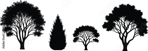 Black tree silhouettes set, isolated deciduous and coniferous forest plant outlines for nature landscape design, gardening icons, and organic outdoor environmental vector graphics