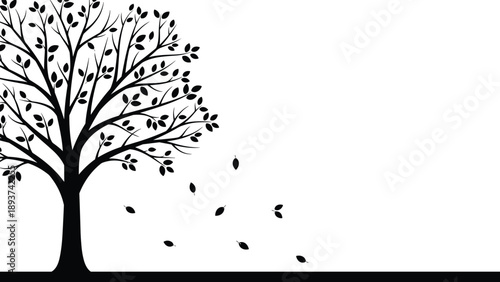 Black tree silhouette with falling leaves vector illustration, seasonal autumn nature design element, environmental plant symbol isolated on a white background
