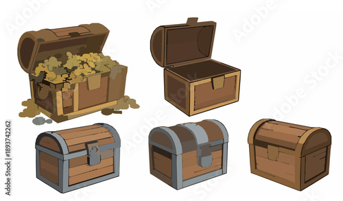 Cute Cartoon Treasure Chest Hand Drawn Vector Illustration Set