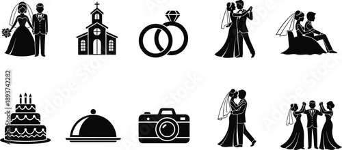 Black wedding icons set, bride and groom silhouettes, marriage ceremony elements, church, rings, cake and photography symbols isolated on white background vector illustration.