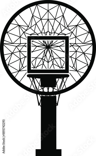 Black silhouette of a basketball hoop with a geometric net and backboard Keywords: basketball hoop, basketball, sport, game, net