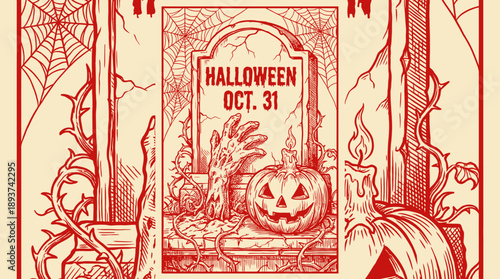 Vintage Halloween Oct. 31 Event Poster. Retro Engraving Art with Zombie Hand, Jack O'Lantern, Gravestone, and Spiderwebs.