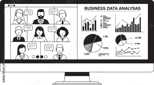 Business data analysis on computer screen during video conference