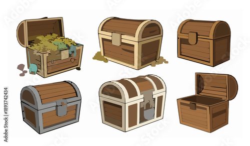 Hand Drawn Pirate Treasure Chest Cartoon Vector Set