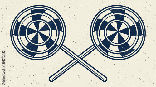 Vintage Crossed Lollipops Vector Illustration. Retro Candy Shop Sign or Emblem Design. Monochrome Sweet Dessert Stamp Art with Grunge Texture.