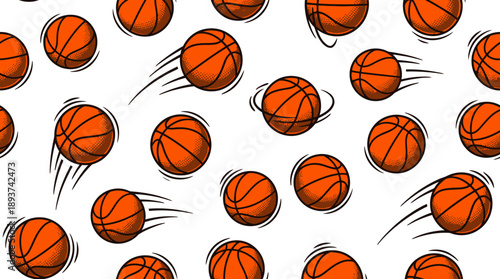 Dynamic Basketball Seamless Pattern. Pop Art Cartoon Balls Flying and Bouncing. Sports Background Texture Design.