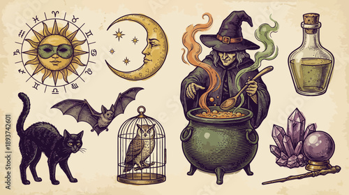 Vintage Witchcraft and Occult Symbols Set: Engraving Style Black Cat, Cauldron, Sun, Moon, Zodiac, Bat, Potion, and Crystal Icons Collection