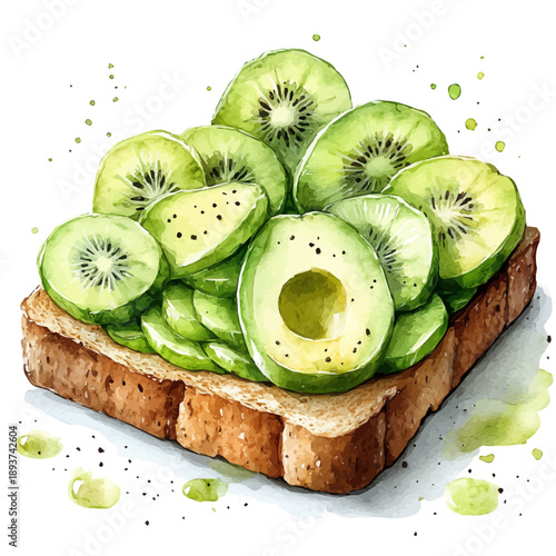 watercolor painting of Avocado Toast, isolated on a white background.