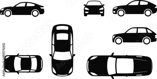 Black Silhouettes of Cars from Multiple Aerial and Side Views Keywords: car, automobile, vehicle, transportation, silhouette
