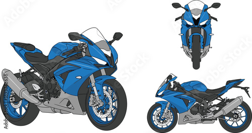 Blue sport motorcycle in three different views on white background sportbike vehicle