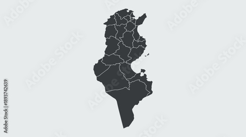 Tunisia Vector Map with Governorates. Highly detailed administrative divisions outline map in monochrome design.