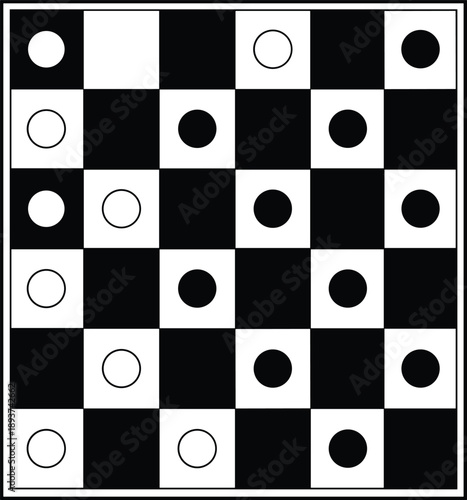 Checkers Board Game with Black and White Pieces and Empty Squares strategy competition