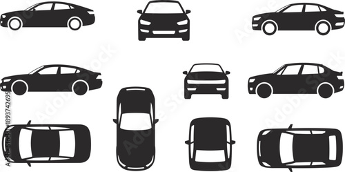 Collection of black car silhouettes from various angles automobile vehicle