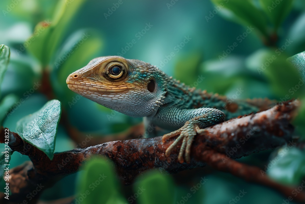 Obraz premium Close-up of colorful lizard perched on tree branch in lush green environment