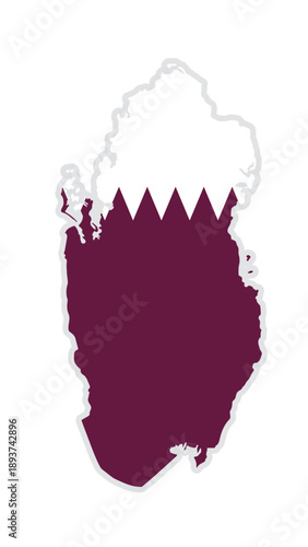 Qatar flag inside map. Gulf middle east country. Islamic kingdom.  Element for traveling, geography, politic, business and education theme