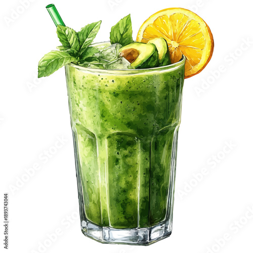 Avocado Shake, watercolor painting capturing graceful lines and soft blended shades, isolated on a white background.