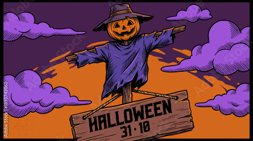 Retro Woodcut Halloween Scarecrow Banner Design with Jack-o'-Lantern and Ominous Purple Clouds